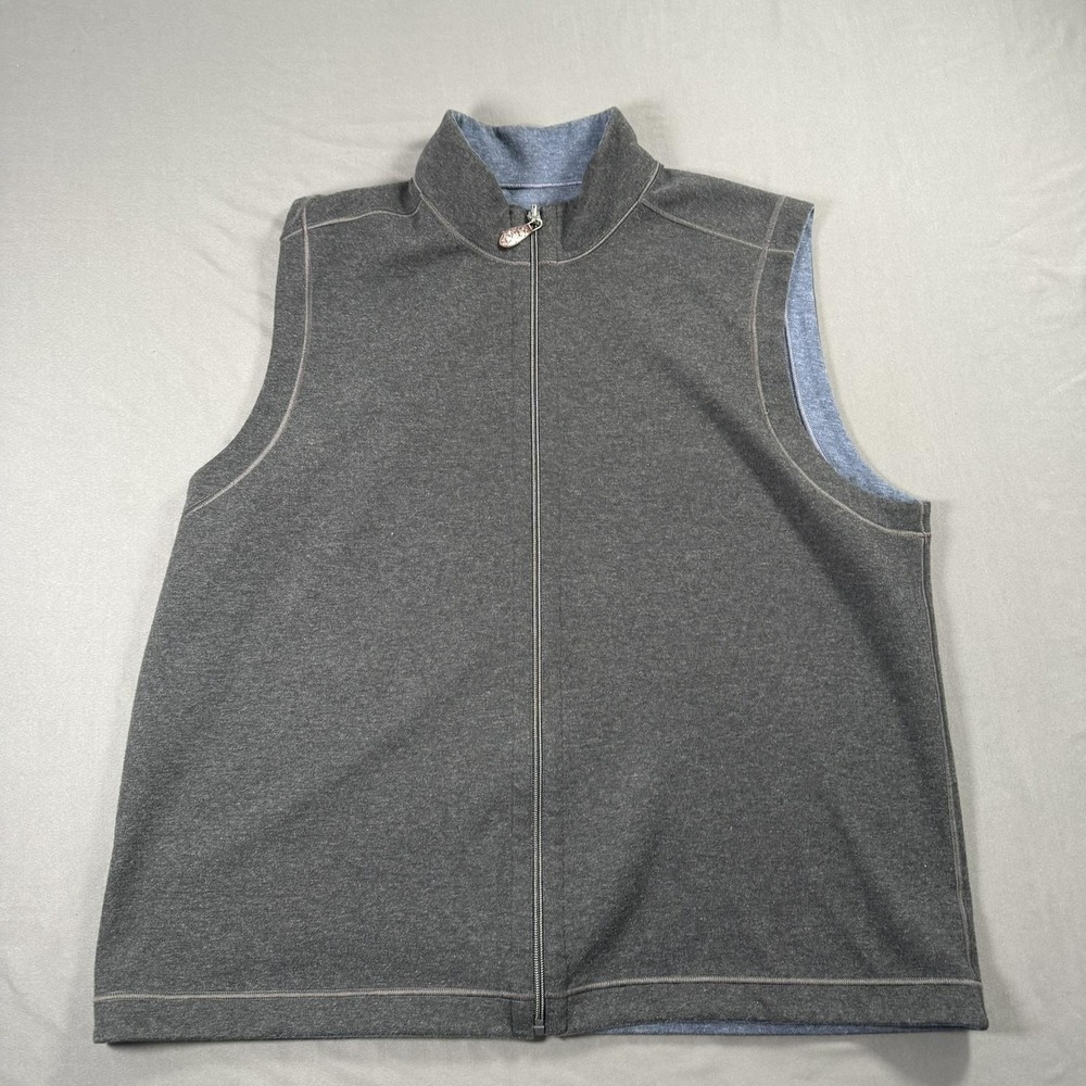 Vest Mens XL Gray Blue Reversible Full Zip Mock Neck Knit Leather Pull